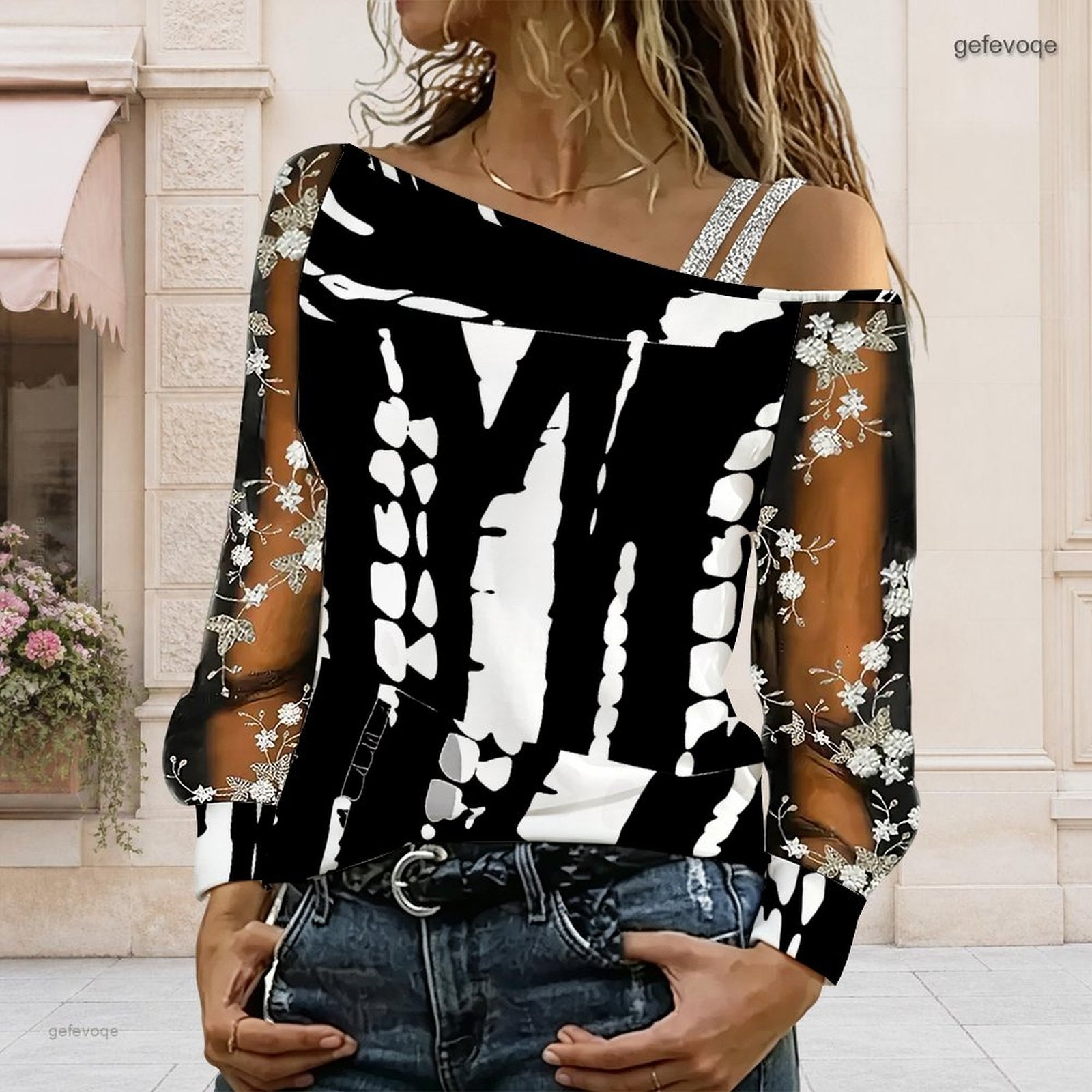 Blouse Off Shoulder - เสื้อผู้หญิงเปิดไหล่ ทรงไม่สมมาตร ไหล่เดียว แต่งลูกไม้ลายดอกไม้ ผ้าตาข่าย แขนยาว