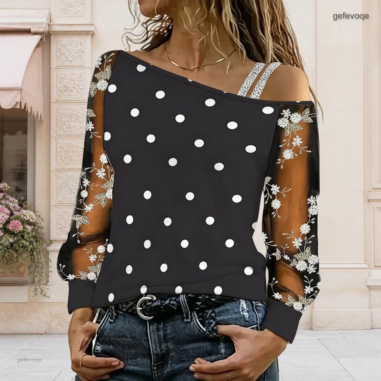 Blouse Off Shoulder - เสื้อผู้หญิงเปิดไหล่ ทรงไม่สมมาตร ไหล่เดียว แต่งลูกไม้ลายดอกไม้ ผ้าตาข่าย แขนยาว