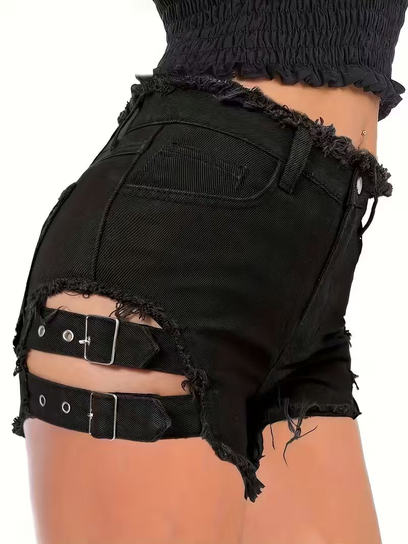 Shorts Denim Frayed - กางเกงยีนส์ขาสั้นสีดำสำหรับผู้หญิง เอวต่ำ ขอบรุ่ย สายรัดปรับได้ ตัดเย็บแบบเซ็กซี่ เหมาะสำหรับใส่ไปเที่ยวคลับ