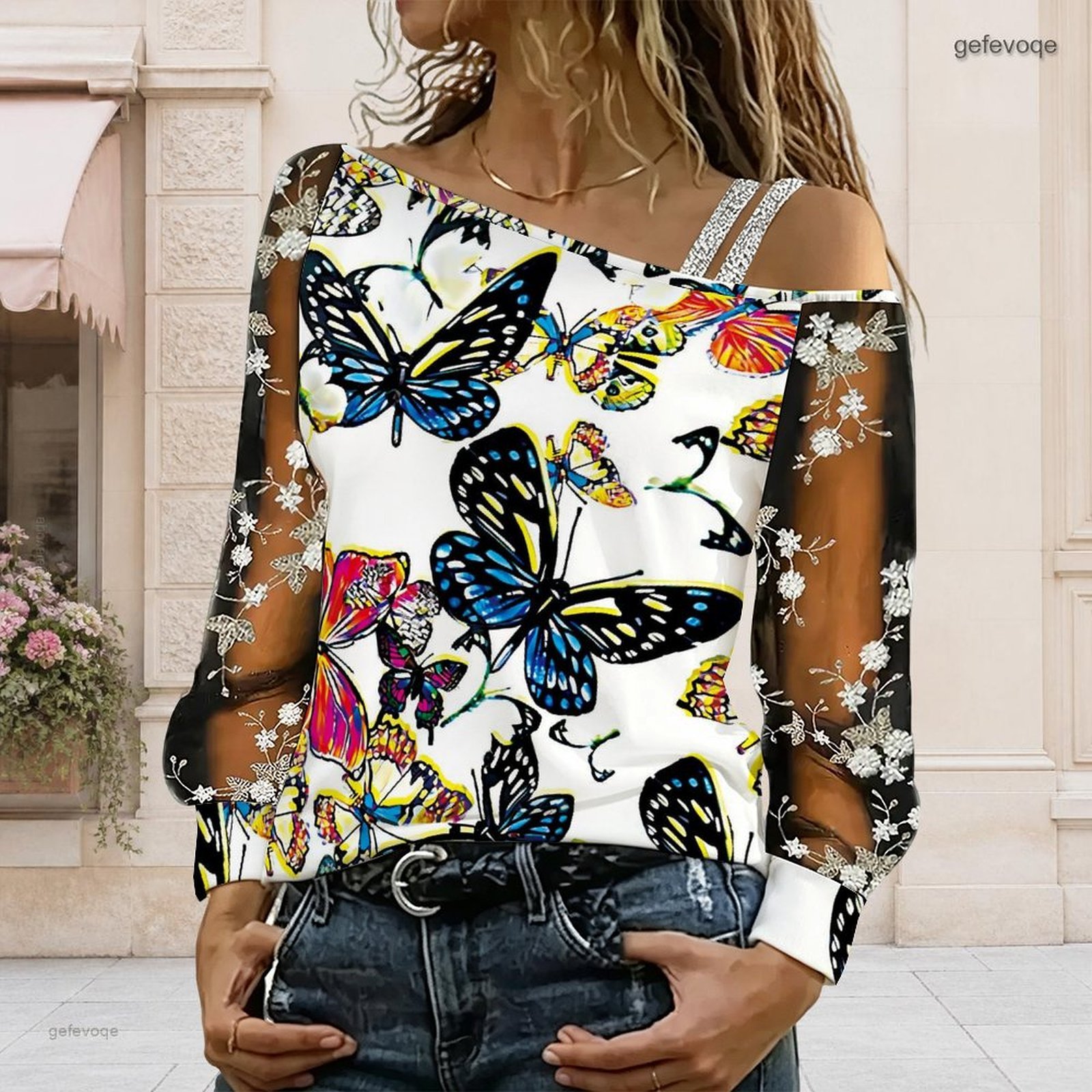 Blouse Off Shoulder - เสื้อผู้หญิงเปิดไหล่ ทรงไม่สมมาตร ไหล่เดียว แต่งลูกไม้ลายดอกไม้ ผ้าตาข่าย แขนยาว