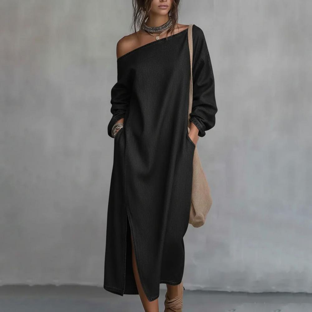 Linen Dress Wrap - เดรสยาวแขนยาวแบบไหล่เดียวสำหรับผู้หญิง, เดรสผ้าฝ้ายลินินลำลองแบบยาว, เดรสทรงหลวมสำหรับฤดูร้อนมีกระเป๋าและผ่าข้าง
