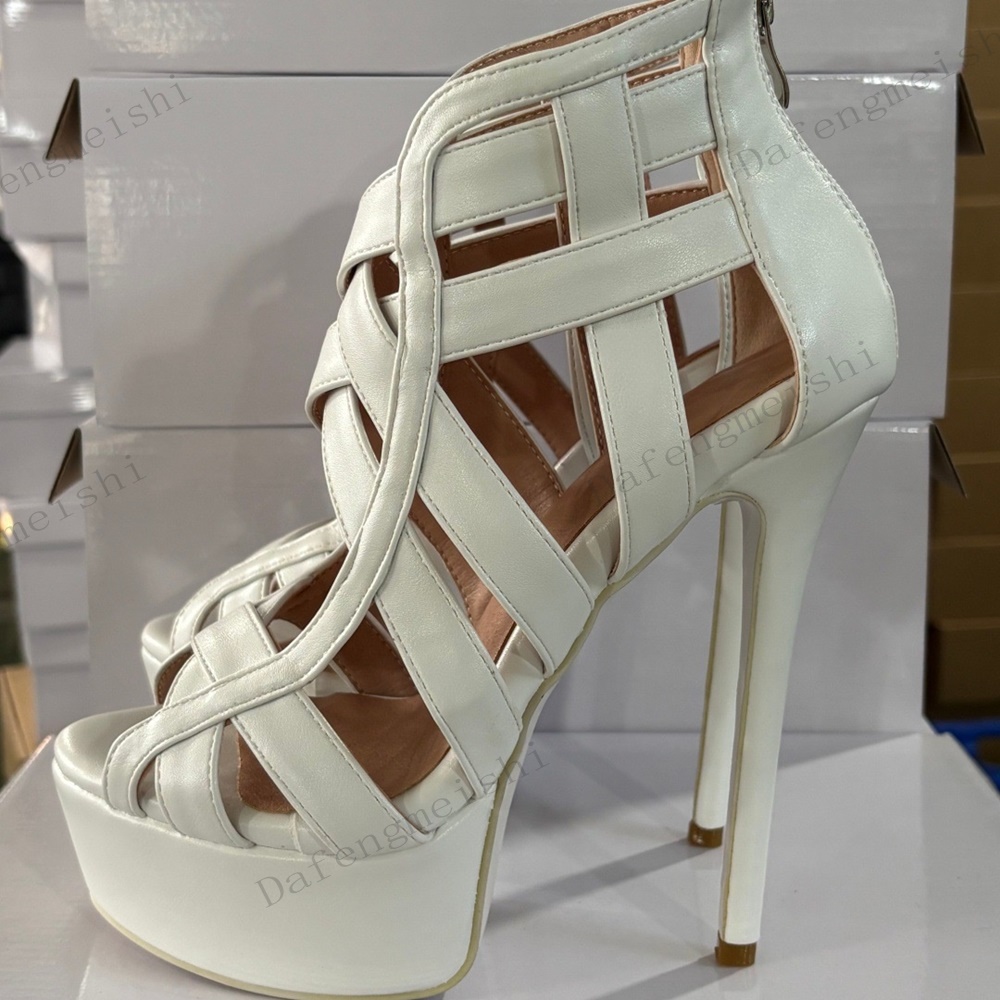 Sandal Strappy Heeled - รองเท้าส้นสูงแบบเปิดหน้าเท้าสำหรับผู้หญิง ดีไซน์สายคาดพร้อมช่องเว้าด้านหลัง ซิปหลัง ส้นเข็ม เหมาะสำหรับงานปาร์ตี้และชุดราตรี แฟชั่นรองเท้าส้นสูงสำหรับสุภาพสตรี