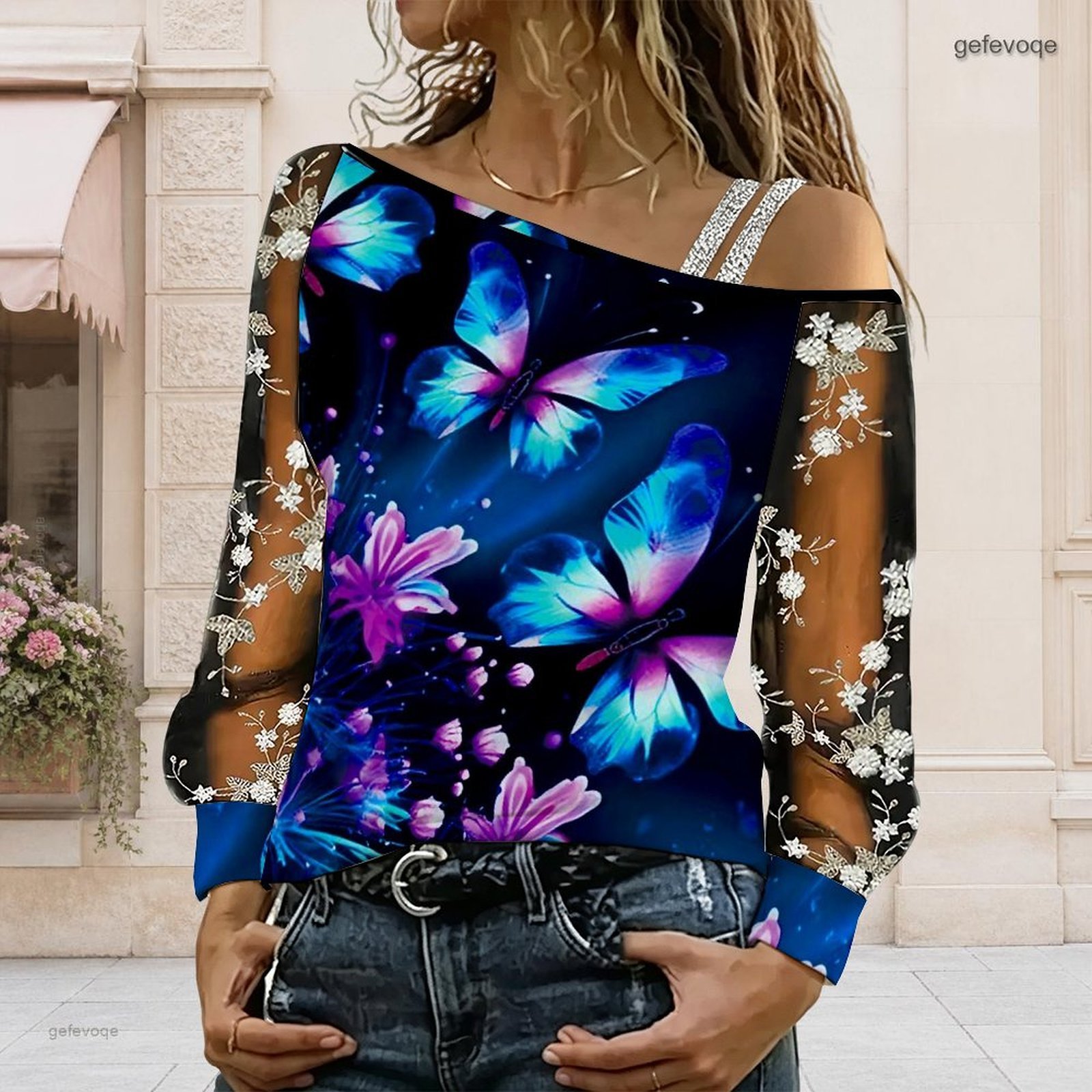 Blouse Off Shoulder - เสื้อผู้หญิงเปิดไหล่ ทรงไม่สมมาตร ไหล่เดียว แต่งลูกไม้ลายดอกไม้ ผ้าตาข่าย แขนยาว