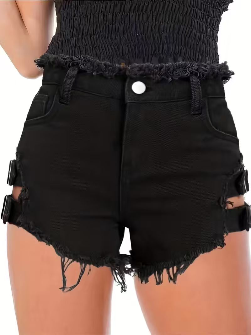 กางเกงยีนส์ขาสั้นสีดำสำหรับผู้ - Shorts Denim Frayed บทวิจารณ์และราคา