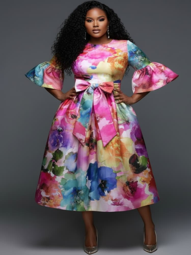 เดรสไซส์ใหญ่ คอทรงกลม แขนบาน ผ - Midi Skirt Floral บทวิจารณ์และราคา